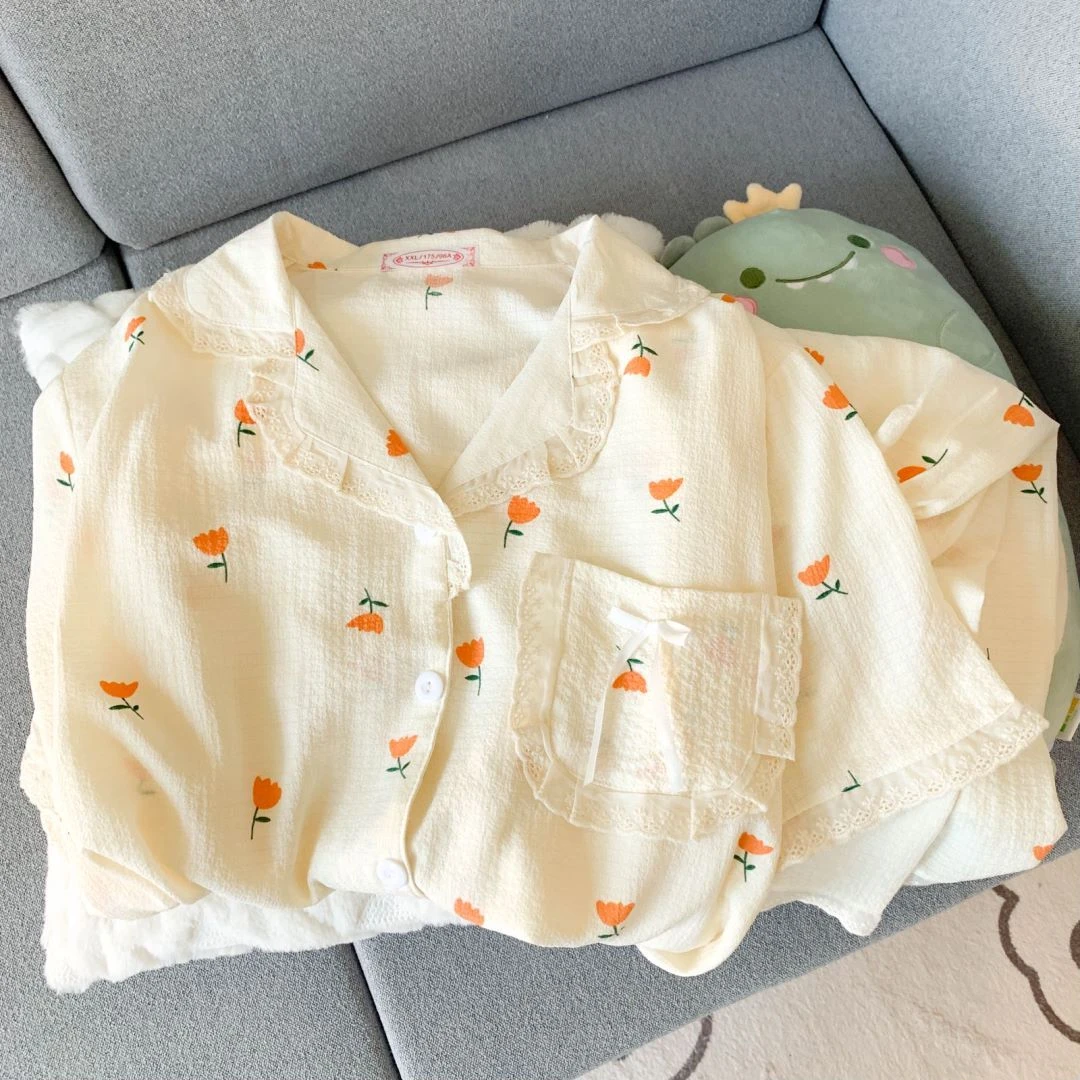 新款睡衣女夏季短袖短裤ins韩版简约郁金香宽松可外穿家居服套装