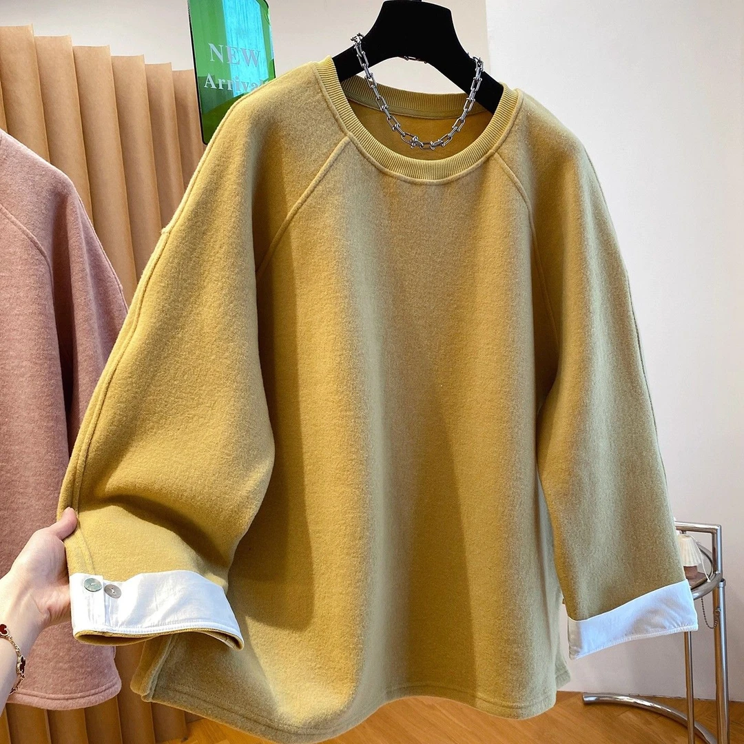 240斤大码高级磨毛假两件加绒卫衣女秋冬宽松时尚加厚保暖打底衫