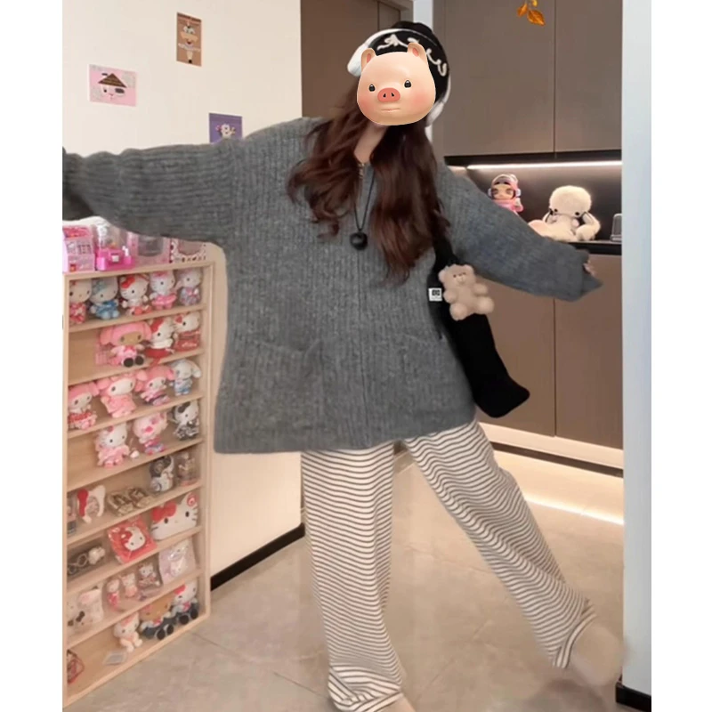 灰色中长款拉链连帽毛衣外套女秋冬季加厚宽松慵懒风针织开衫上衣