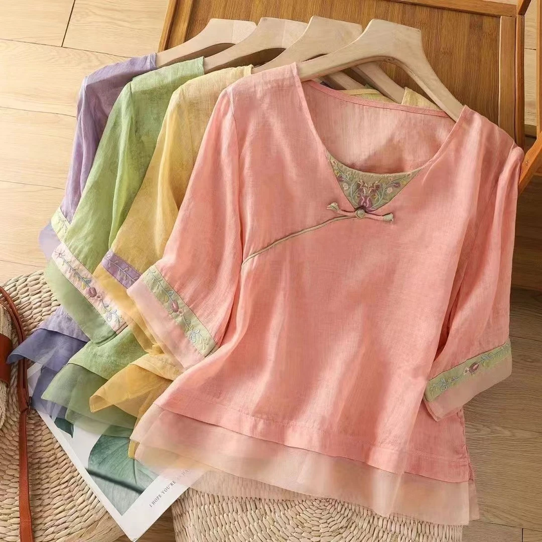 中式刺绣棉麻衬衫女复古上衣文艺新款夏季国风宽松小衫民族风衣女