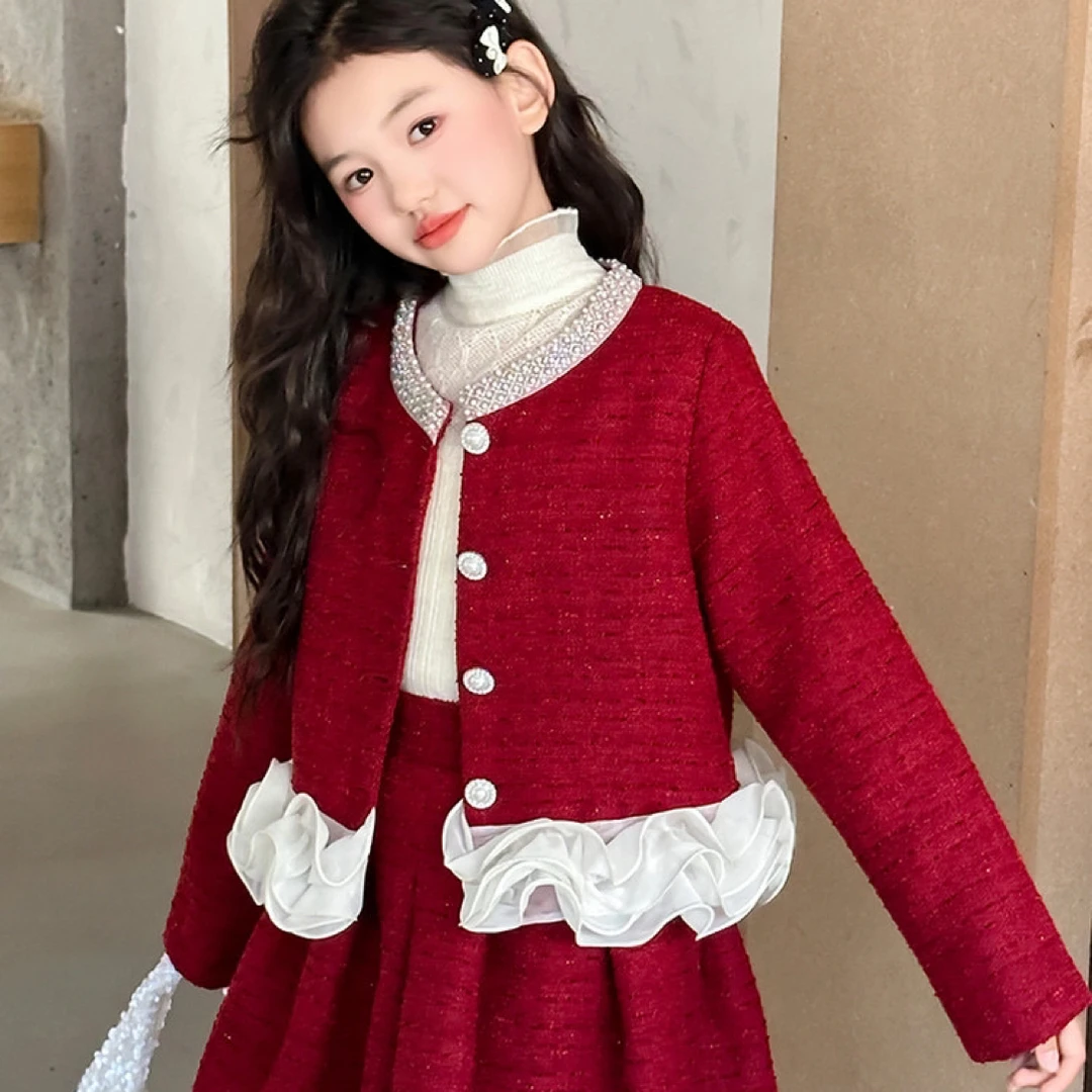 女童冬季时尚洋气名媛穿搭花边小香风套装130-170码（价格已开）