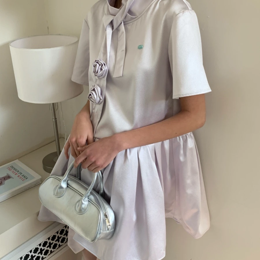 制造后花园*Herstory系列复古精致丝光缎花朵领带装饰短袖连衣裙