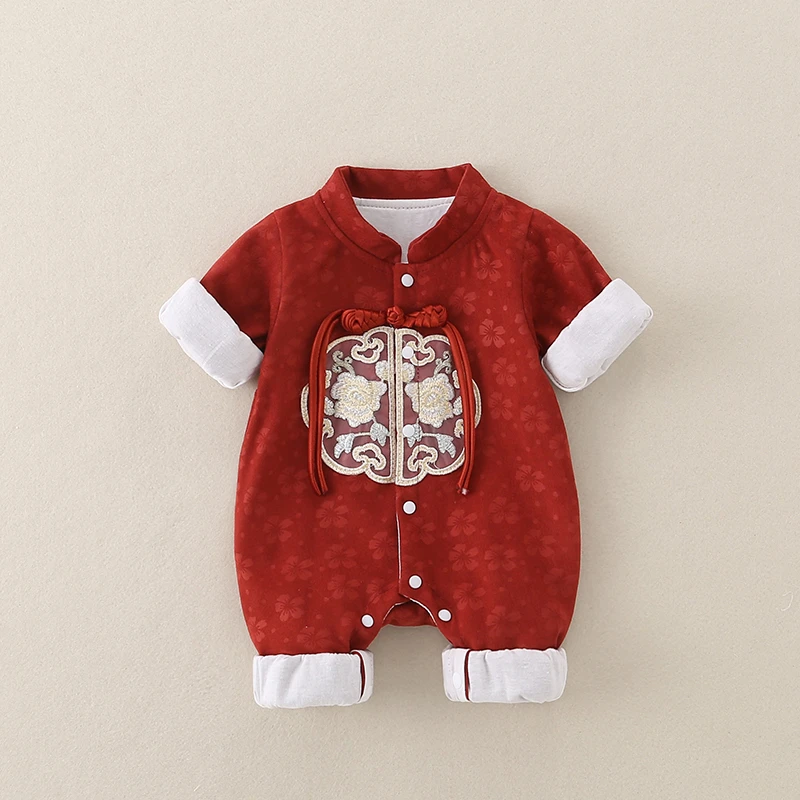 婴儿连体衣中国风春秋季周岁喜庆满月爬服哈衣百日宴宝宝衣服红色