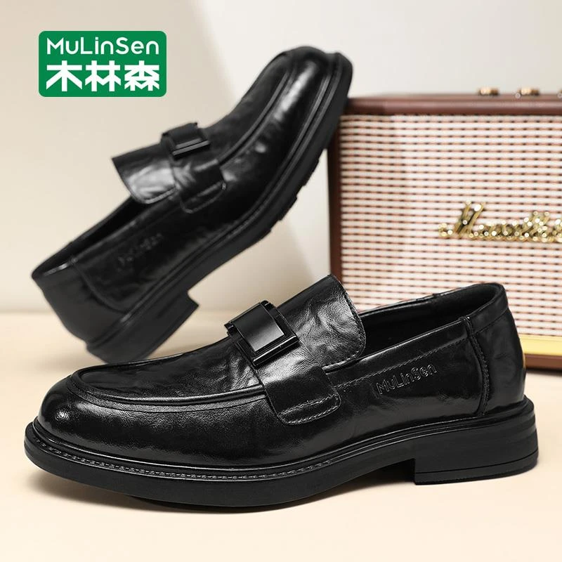 木林森正品皮鞋男款2025新款秋春季软底乐福豆豆鞋商务一脚蹬休闲