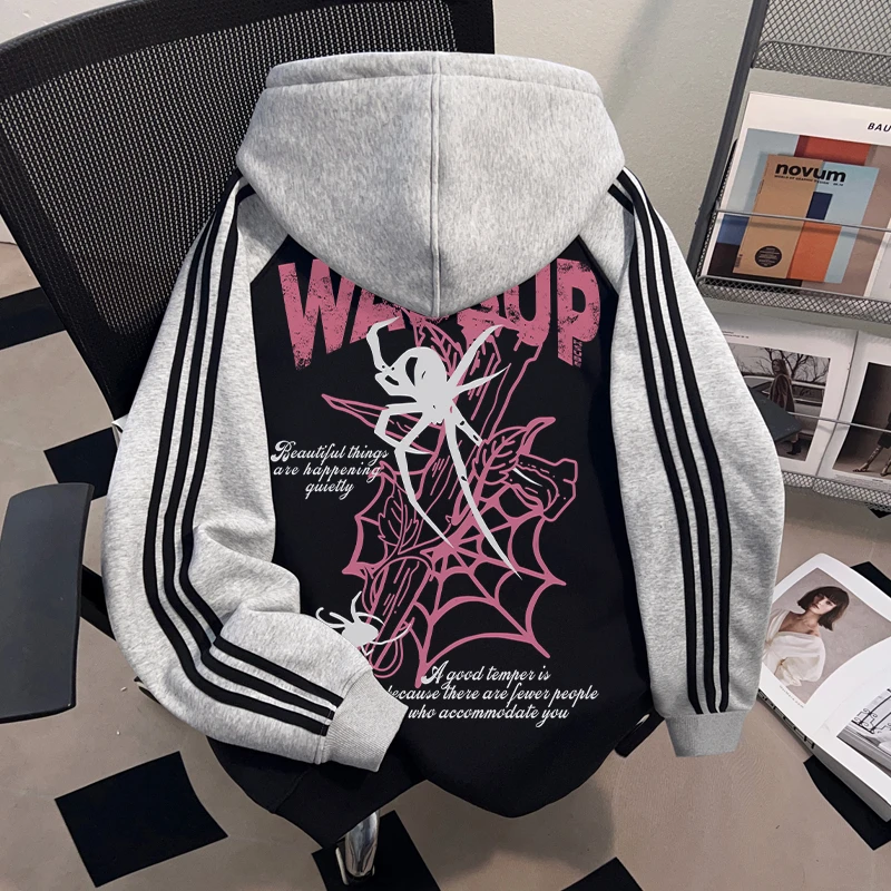 WASSUP HSUBE高街痞帅oversize套头连帽卫衣高级感重磅三条杠上衣