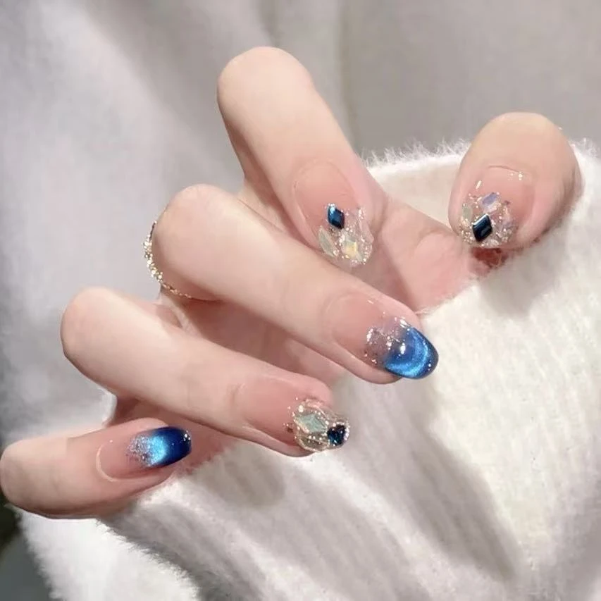 【蓝眼泪】超仙蓝色渐变法式猫眼 爆闪水钻显白高级感纯手工穿戴甲