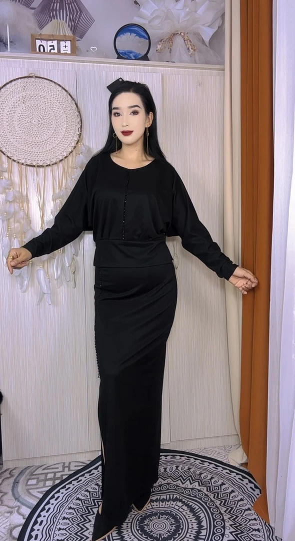 19长裙春季拉链套头V领通勤连衣裙开叉修身褶皱露肩