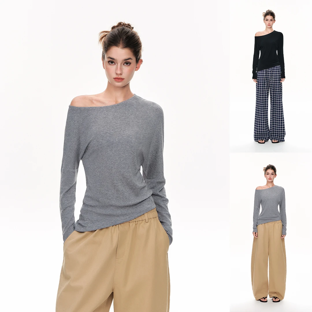 CLIMAX VISION斜领露肩兰精天丝羊毛裸感超弹松弛感长袖T恤打底