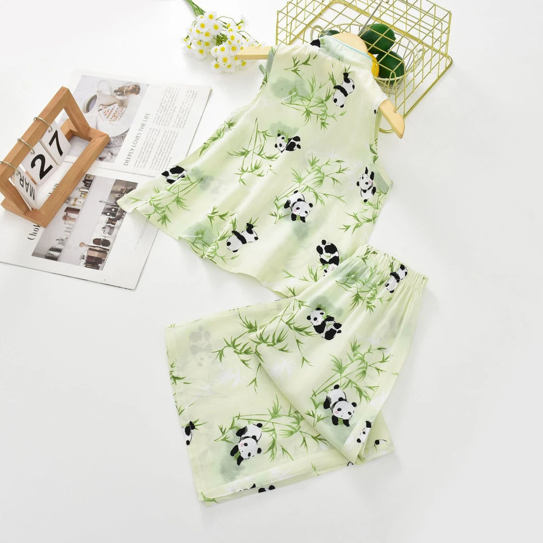 女童夏季新款国风套装熊猫抱竹系列时尚新中式两件套棉绸薄款套装