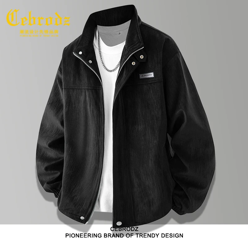 法国Cebrodz大码外套男秋款休闲立领衣服宽松复古商务灯芯绒夹克