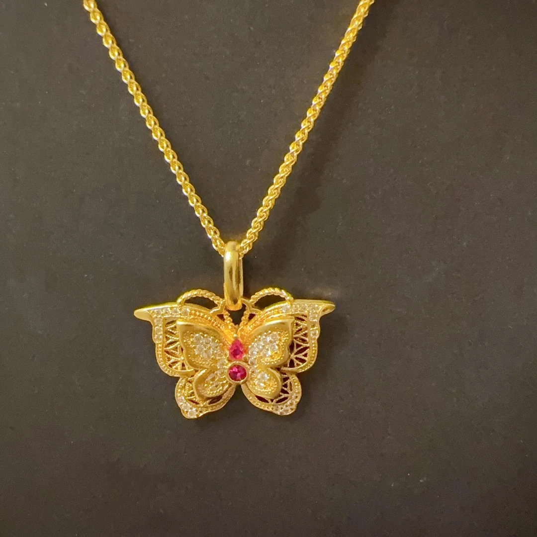 合金吊坠 金店同款故宫系列点钻玲珑花蝶镂空花丝双层