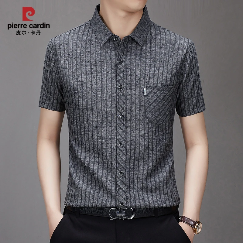 皮尔卡丹高端桑蚕丝短袖衬衫男士夏季冰丝透气商务休闲条纹衬衣