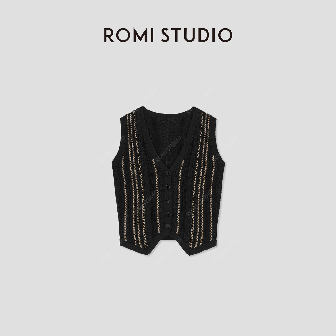 ROMI STUDIO“old money”棉麻天丝混纺条纹纯手工针织马甲23AWM435