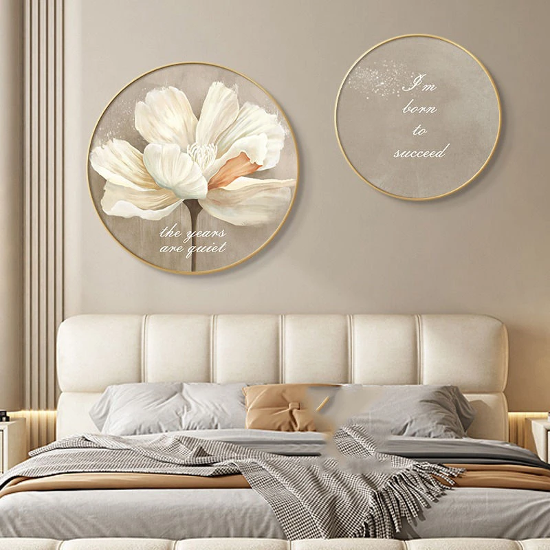 奶油风花卉卧室墙壁装饰画法式高级感客餐厅圆形壁画主卧床头挂画
