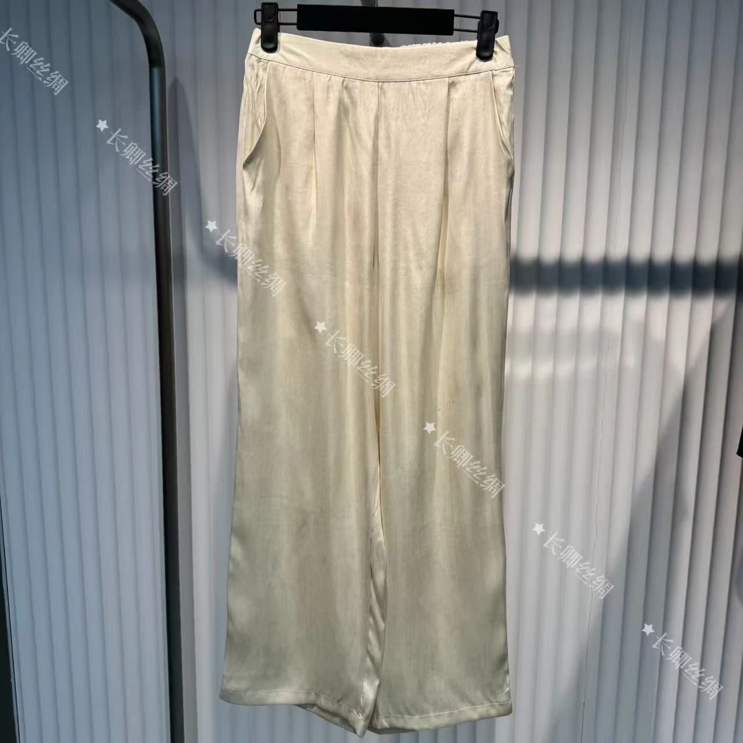 【江长卿】国风复古真丝缎面松紧腰直筒裤女D554