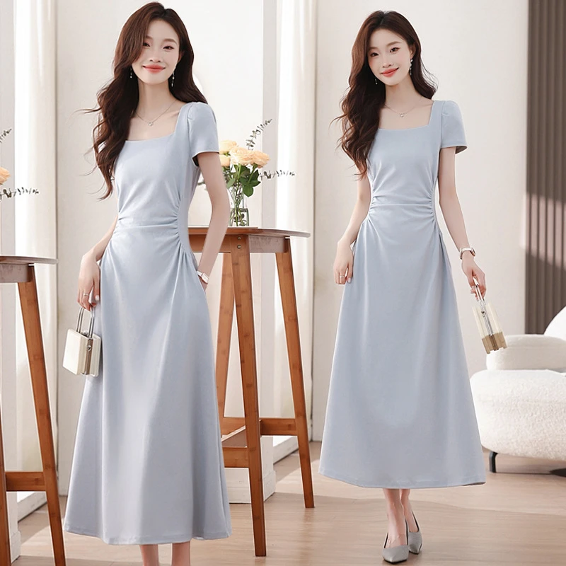 夏季新款休闲显瘦收腰泡泡袖方领长裙法式度假风女装短袖连衣裙