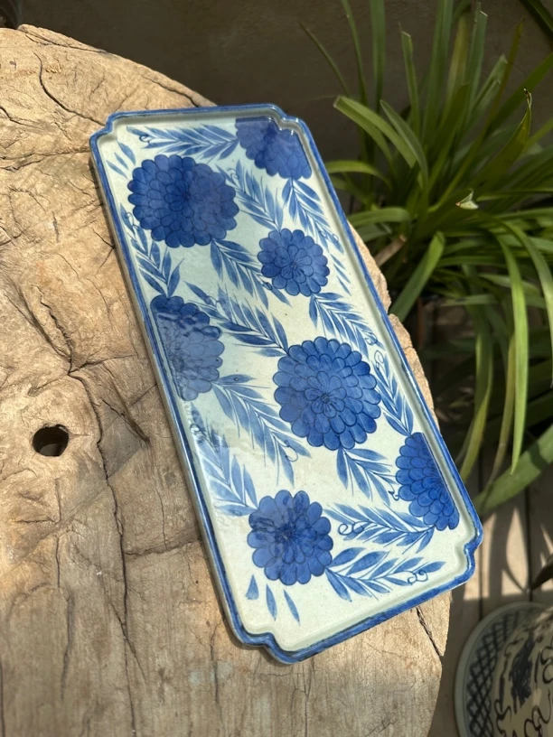 【近山古美】团花长条特大干泡台高温手绘釉下青花瓷