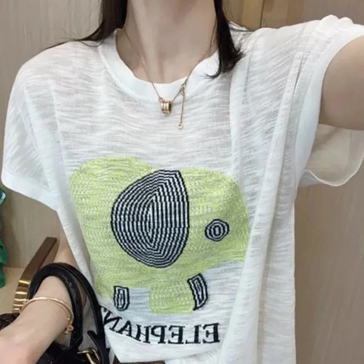 新款夏季透气竹节棉短袖上衣女大码减龄可爱大象图案圆领T恤衫