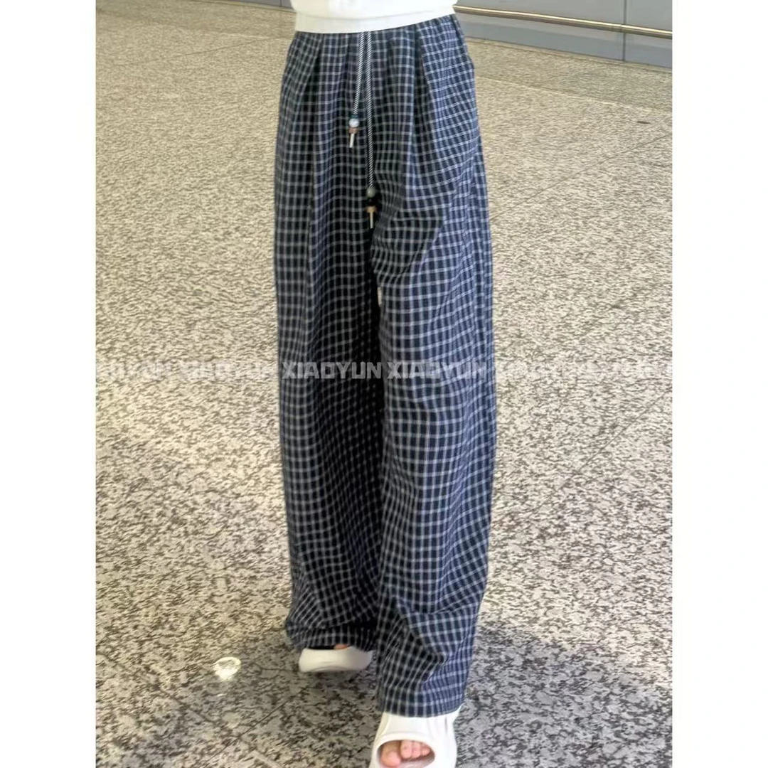 抽绳格纹阔腿裤 小允姐姐2025新款时尚气质高级抽绳格纹阔腿裤