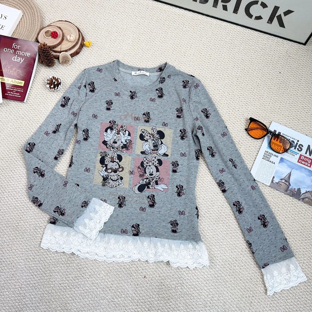 2024秋季新款休闲时尚卡通印花拼蕾丝打底长袖T恤8515
