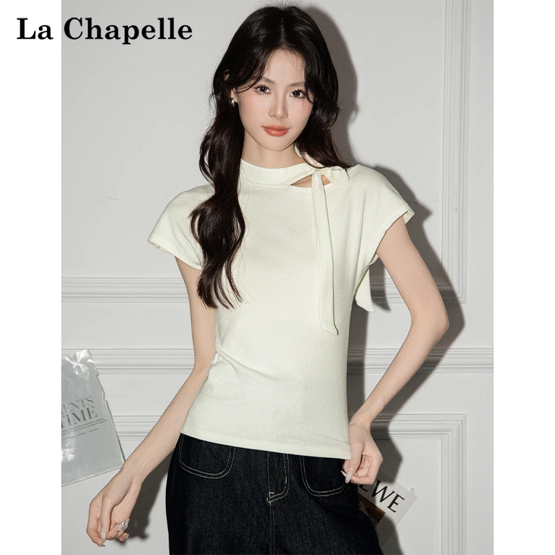 拉夏贝尔杏色正肩系带短袖T恤女2025春夏新款修身气质短上衣潮
