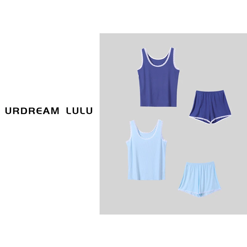 [晚安海] 夏撞色花边背心短裤套装轻薄凉感高弹家居服女-P0218