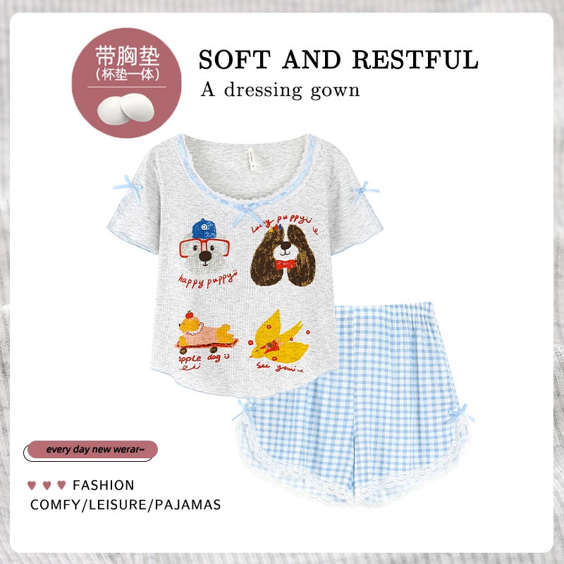 夏季卡通动漫短袖睡衣带胸垫女款莫代尔家居服套装女孩日系宅萌系