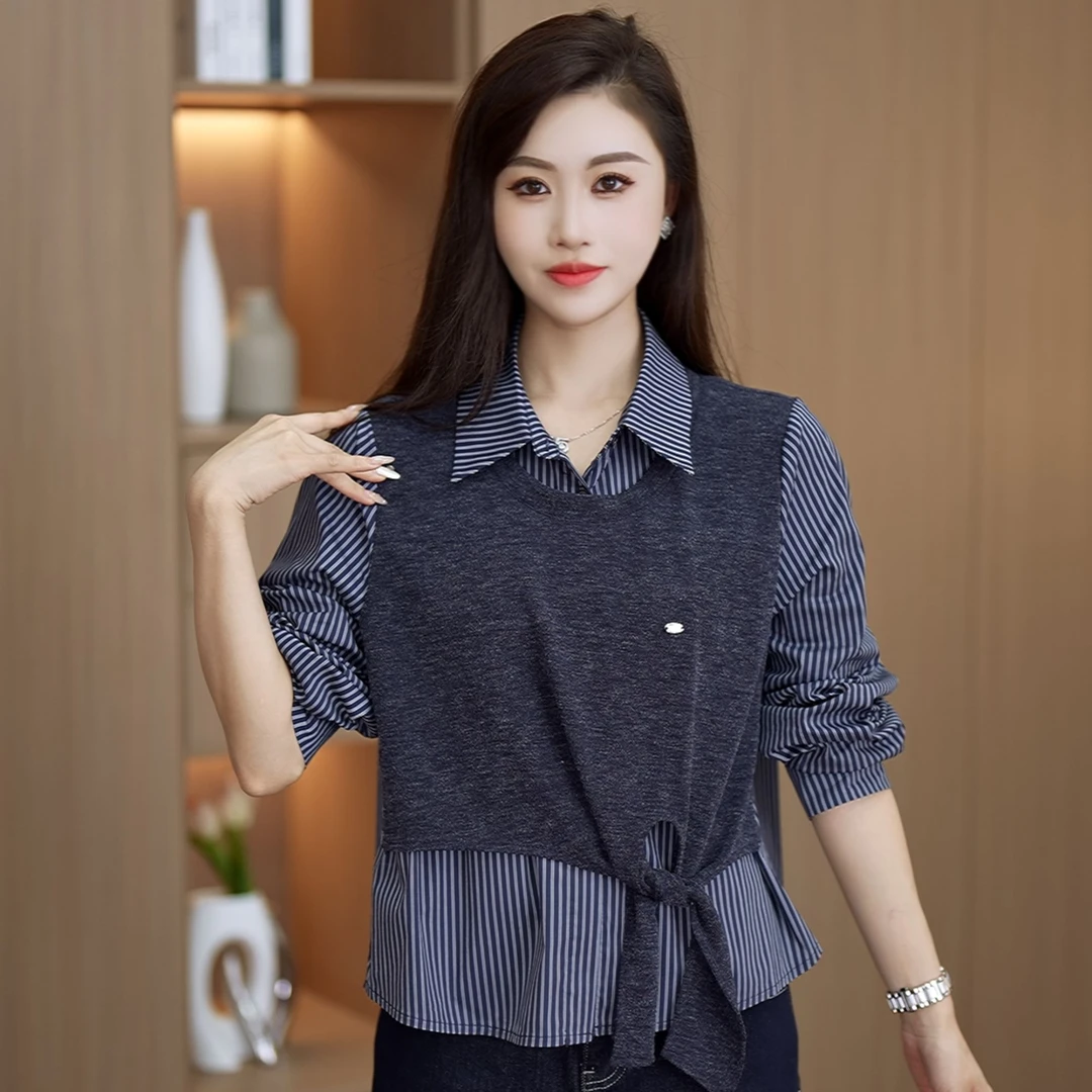 2025女士时尚休闲秋款假两件衬衫显瘦条纹拼接韩版衬衣