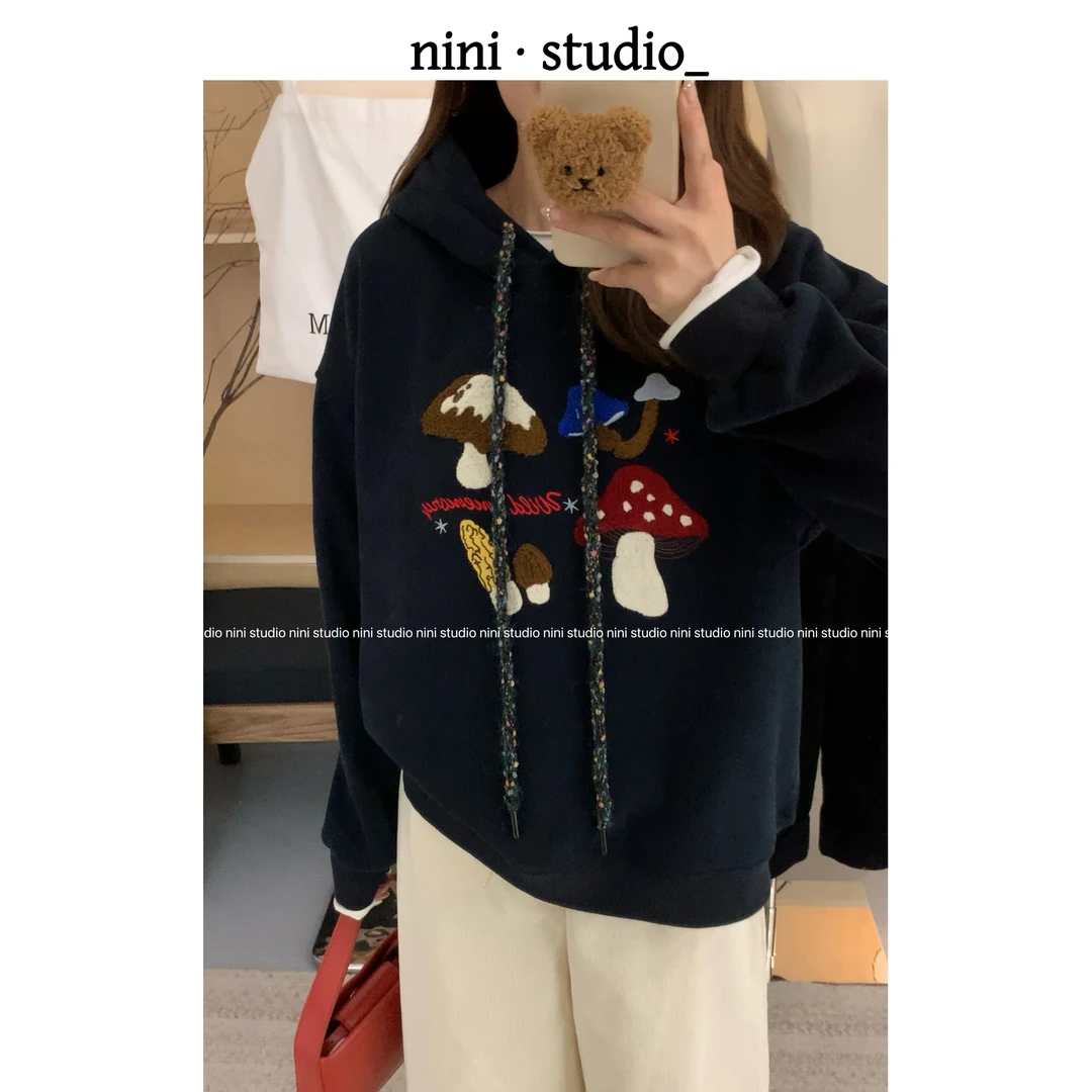 nini·重工刺绣蘑菇韩系ins风刺绣宽松卫衣