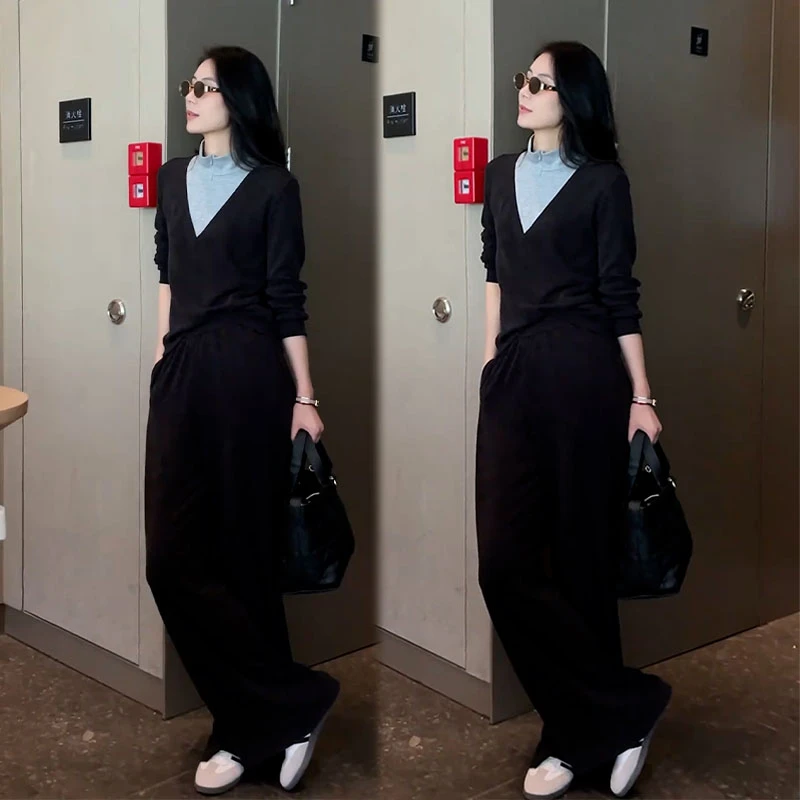2025秋季新款设计感一整套假两件套头长袖卫衣女休闲阔腿裤两件套