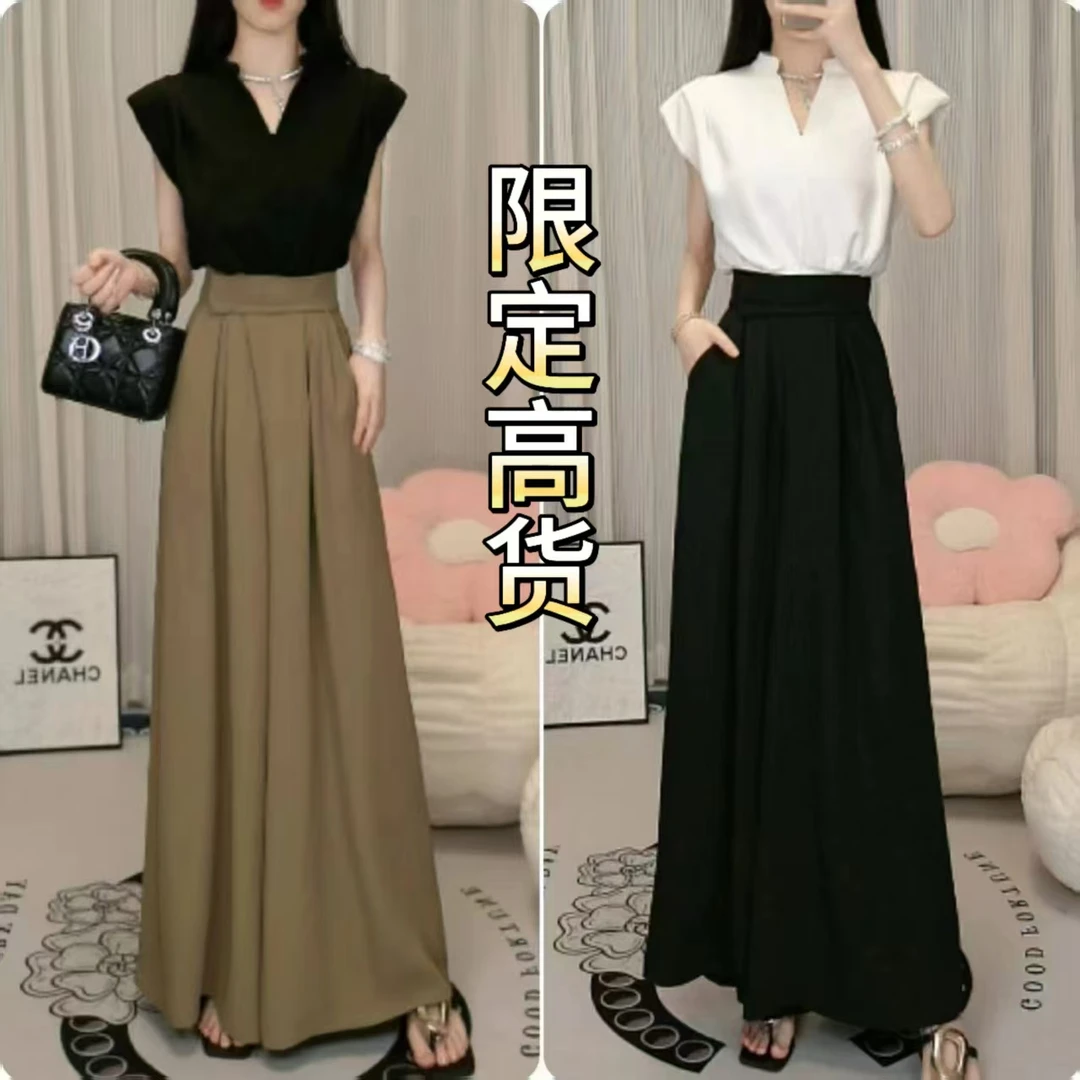 2025法式气质赫本风显瘦时尚套装简约通勤阔腿裤夏季高腰