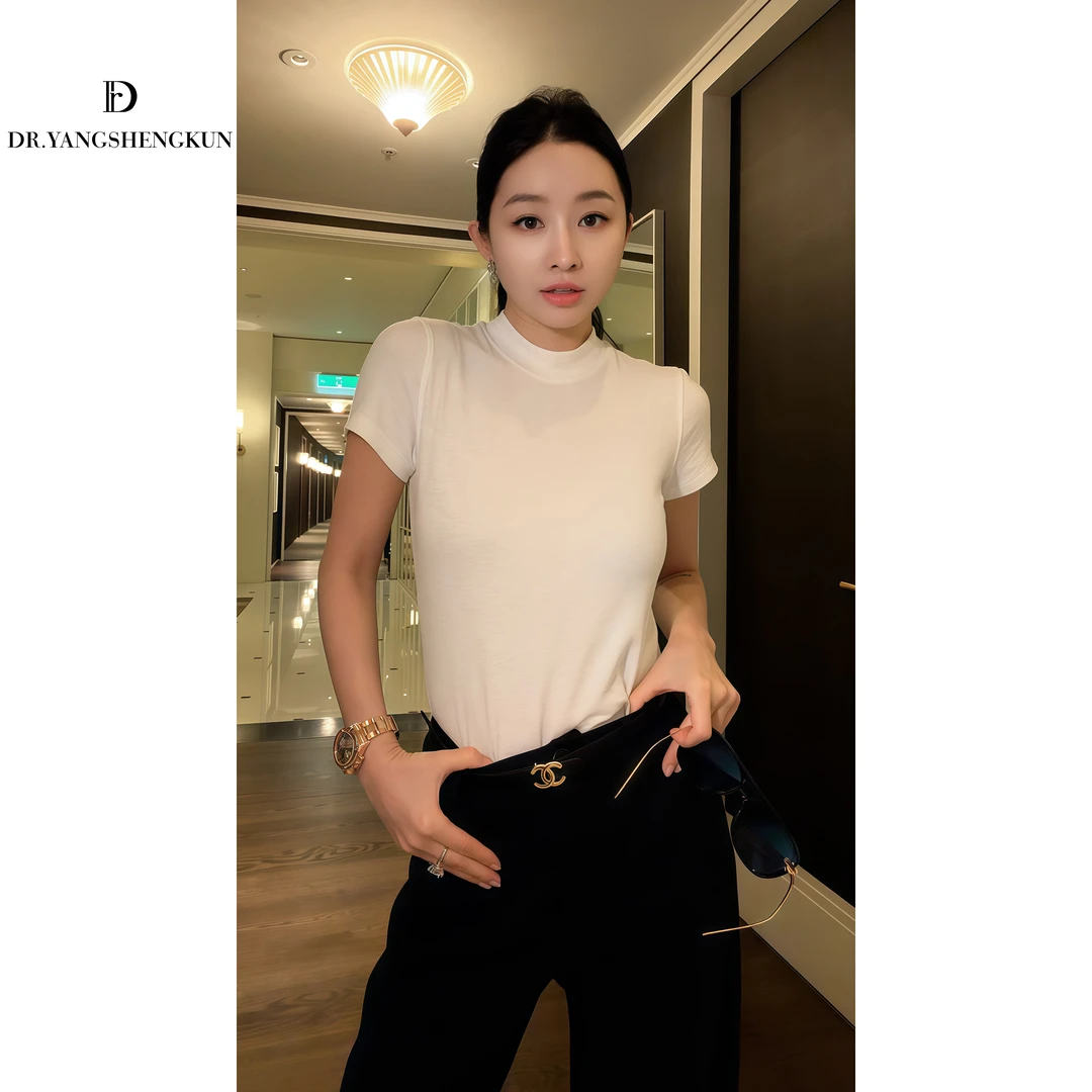 杨圣坤2025新品莫代尔混纺时髦正肩修身显瘦纯色短袖T恤S82593028