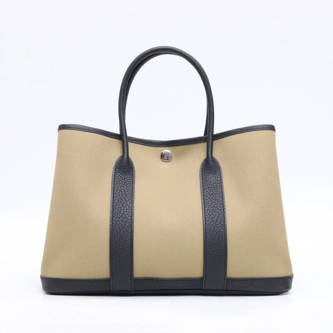 99新 Hermes/爱马仕 小花攀攀花园包 30 黑色尘土色 帆布 B刻银扣