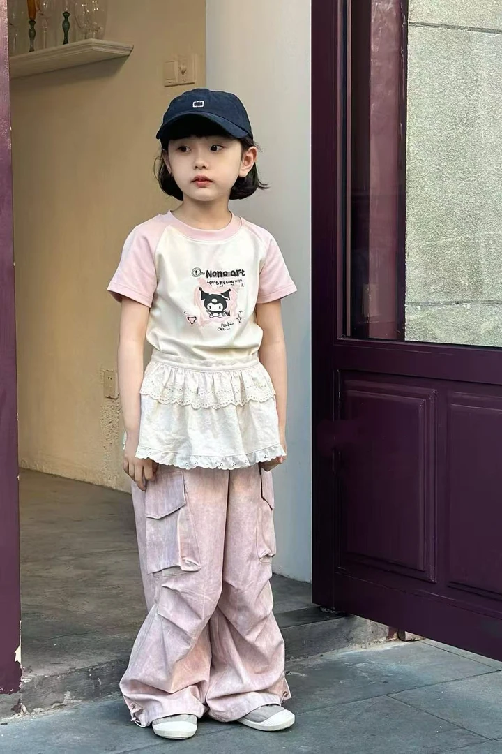 品牌童装库洛米短袖T恤夏装儿童女宝宝大童撞色正肩插肩袖T恤上衣