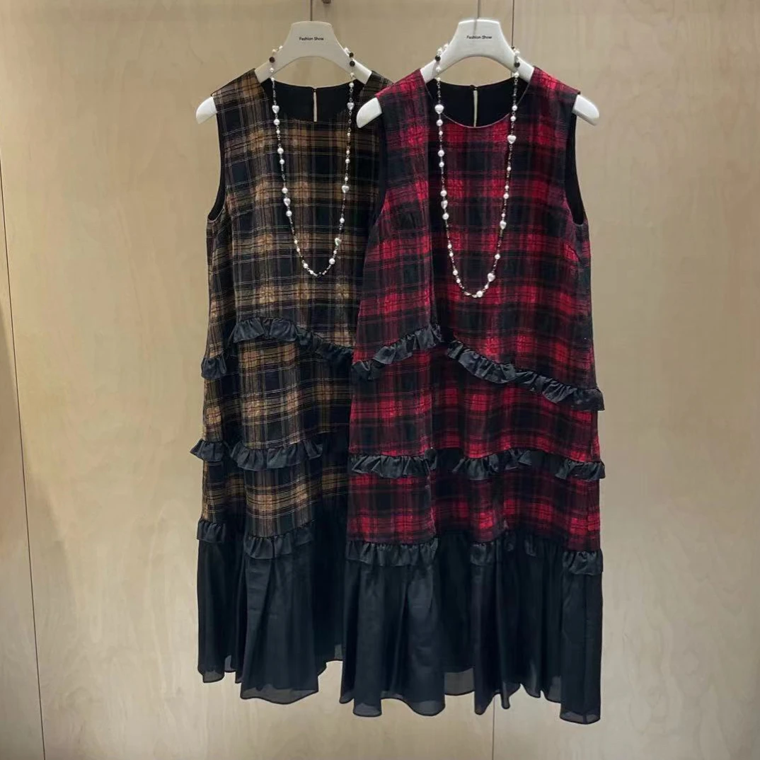 【BAI】格子连衣裙女新款气质百搭不规则背心裙子60547