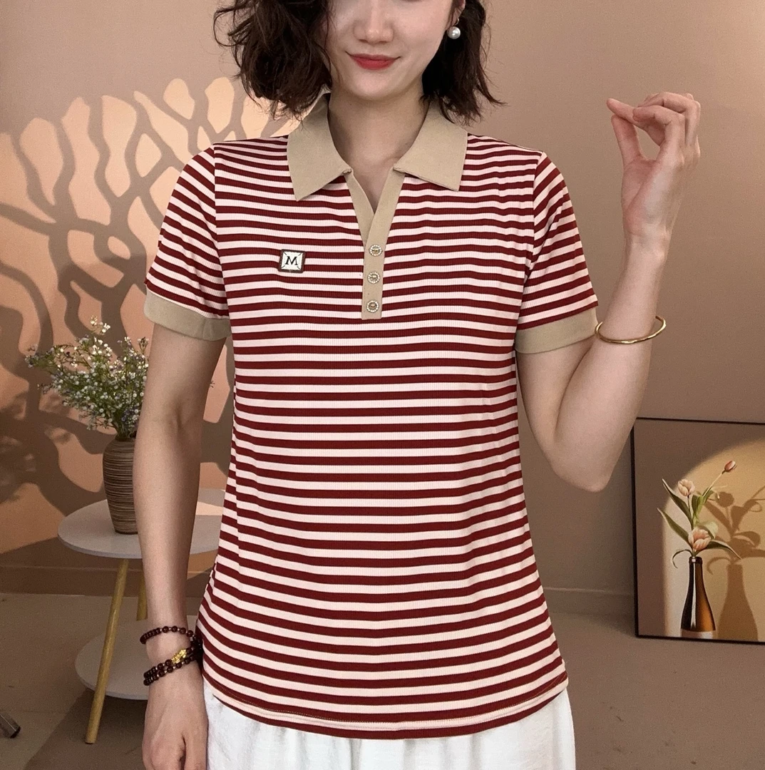 新款女士翻领经典百搭条纹弹力舒适款小衫