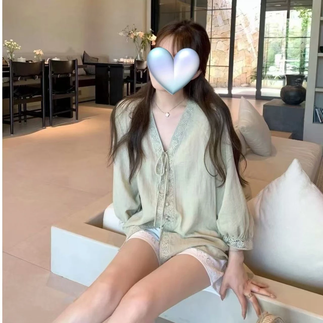 慵懒风绿色蕾丝系带长袖衬衫女2025夏季小众百搭宽松显瘦上衣