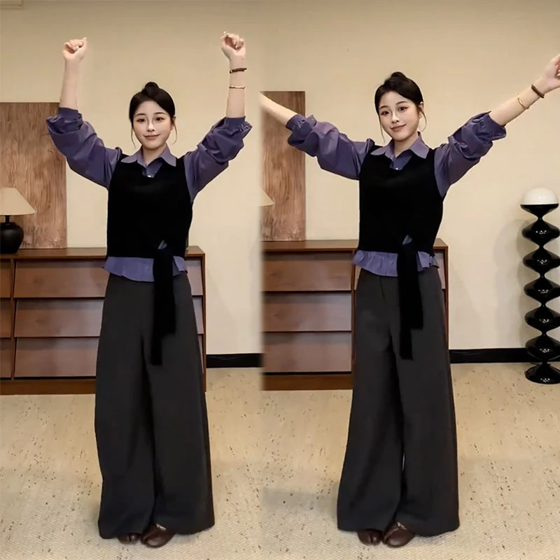 2025秋季新款时尚百搭吊带背心内搭长袖衬衫女休闲阔腿裤三件套装