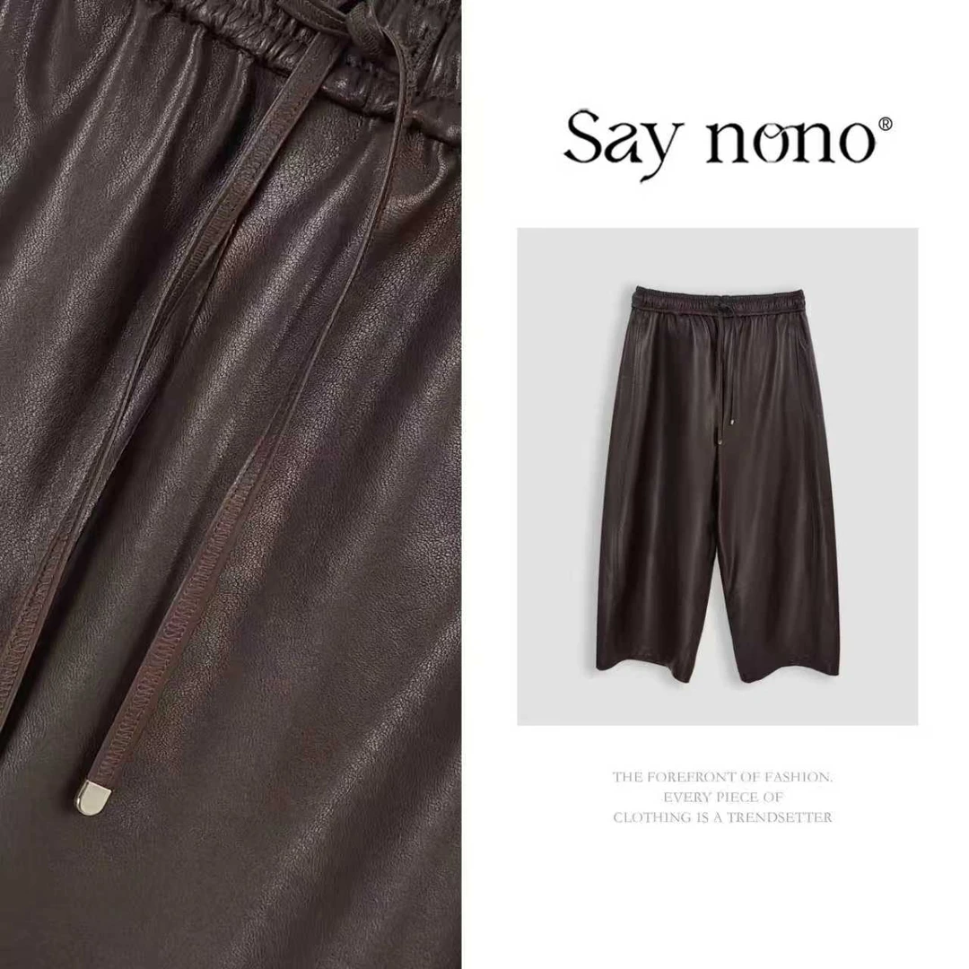 懒猫nono│Saynono 时尚复古百搭显瘦绵羊皮休闲八分裤皮裤T09910K