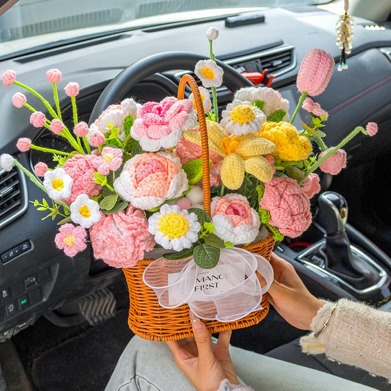 成品花篮钩织郁金香铃兰毛线仿真康乃馨竹编毛线花束成品