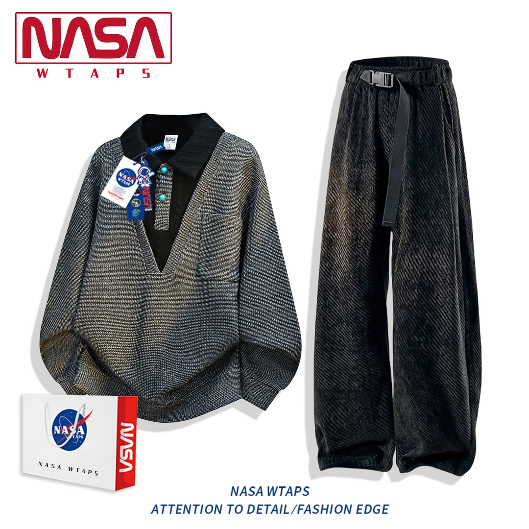 NASA WTAPS老钱风休闲运动套装男秋季新款潮牌宽松高级假两件卫衣