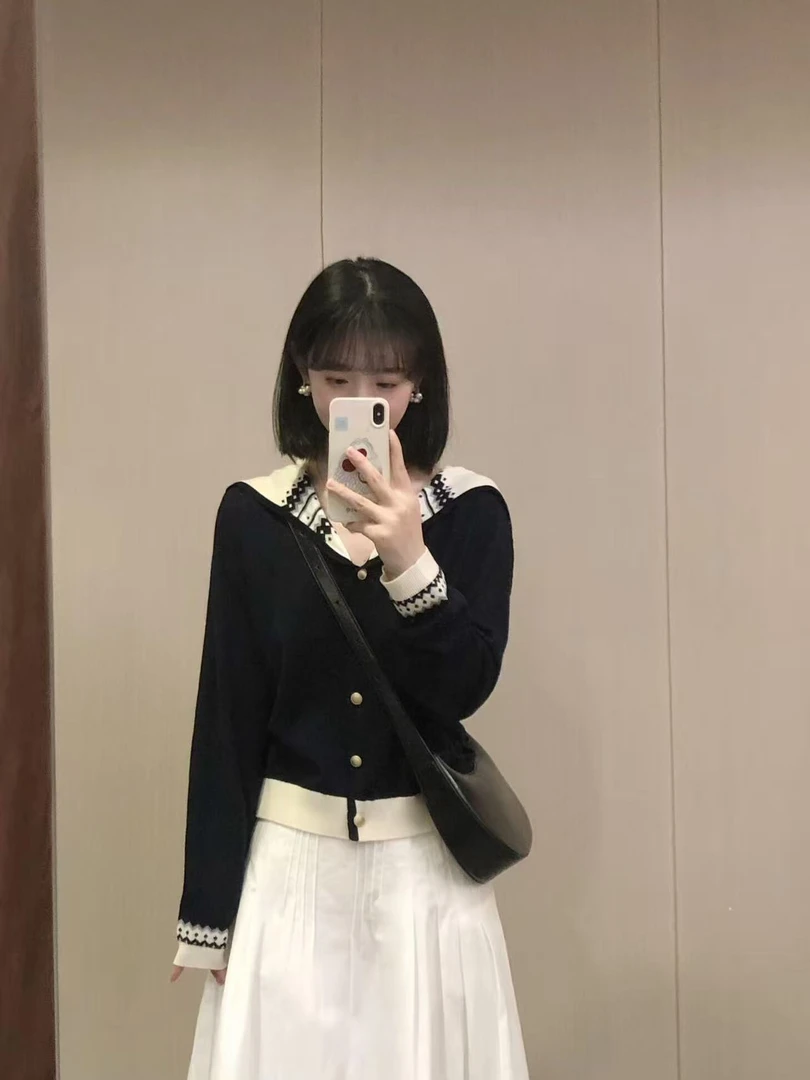 2025早秋新款海军领撞色提花长袖针织衫开衫毛衣外套百搭半身裙