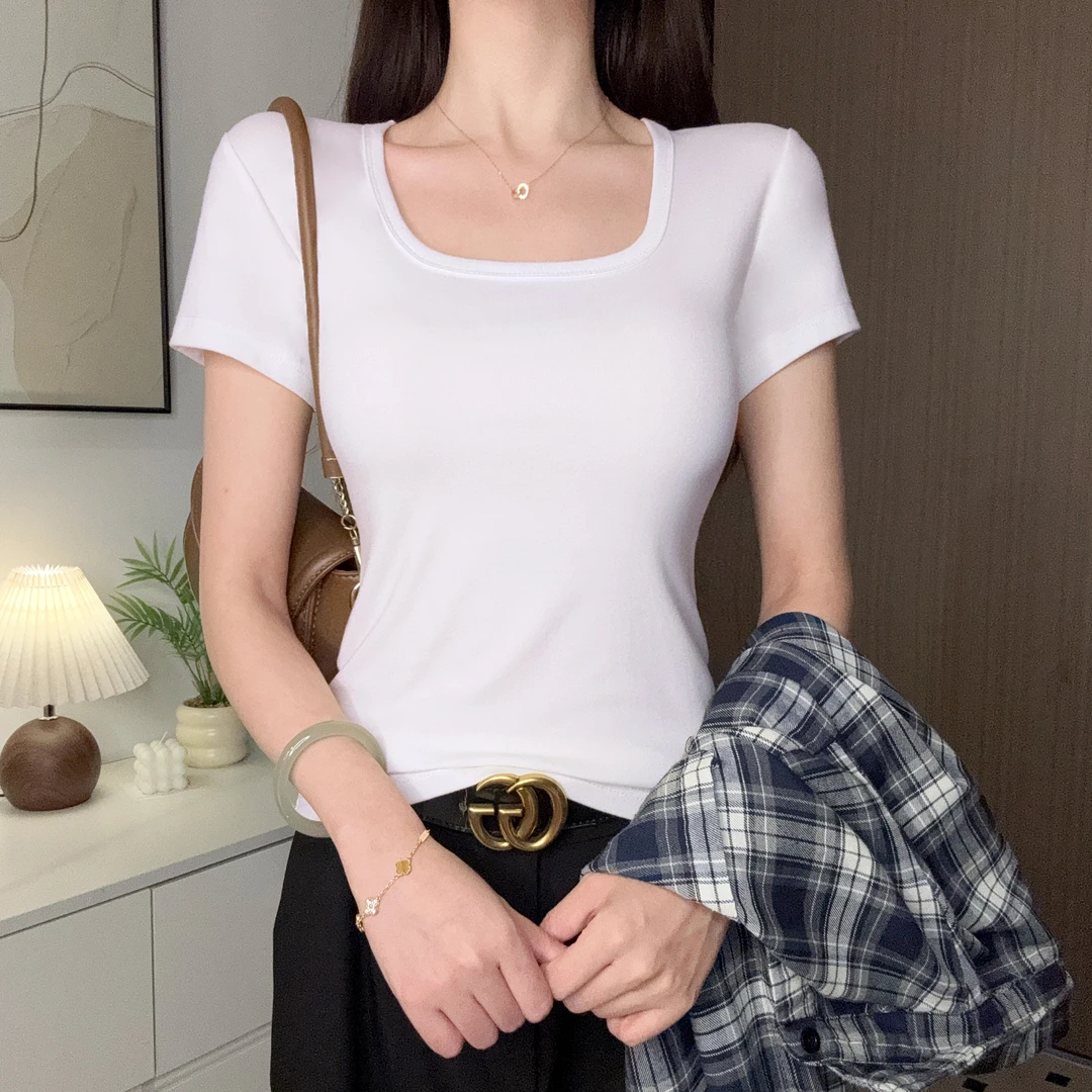 媚吉螺纹方领白色短袖t恤女百搭修身显瘦基础款打底冰丝低领上衣