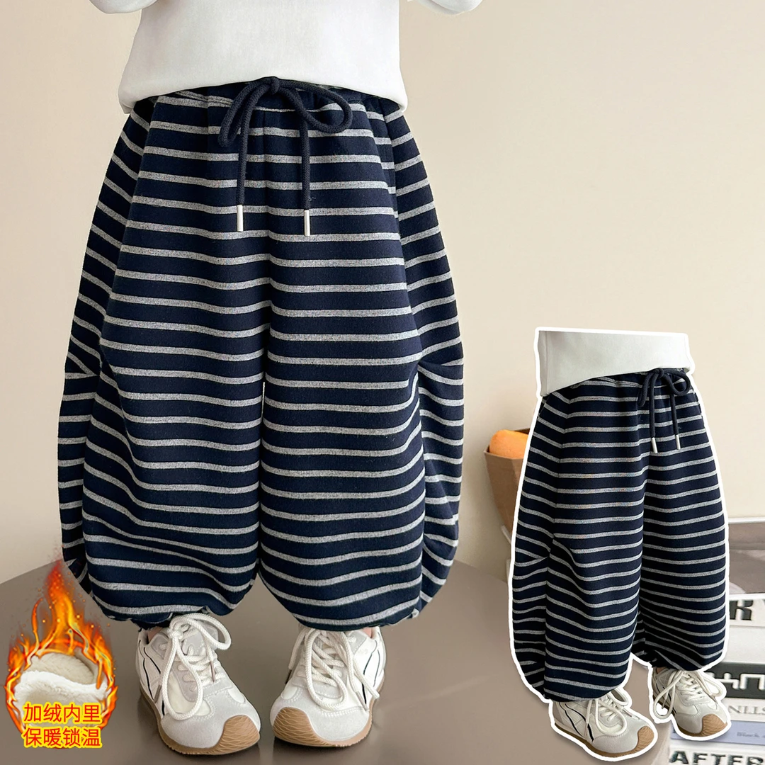 女童加绒裤子儿童秋冬装新款韩版条纹卫衣女宝宝冬季保暖休闲裤潮