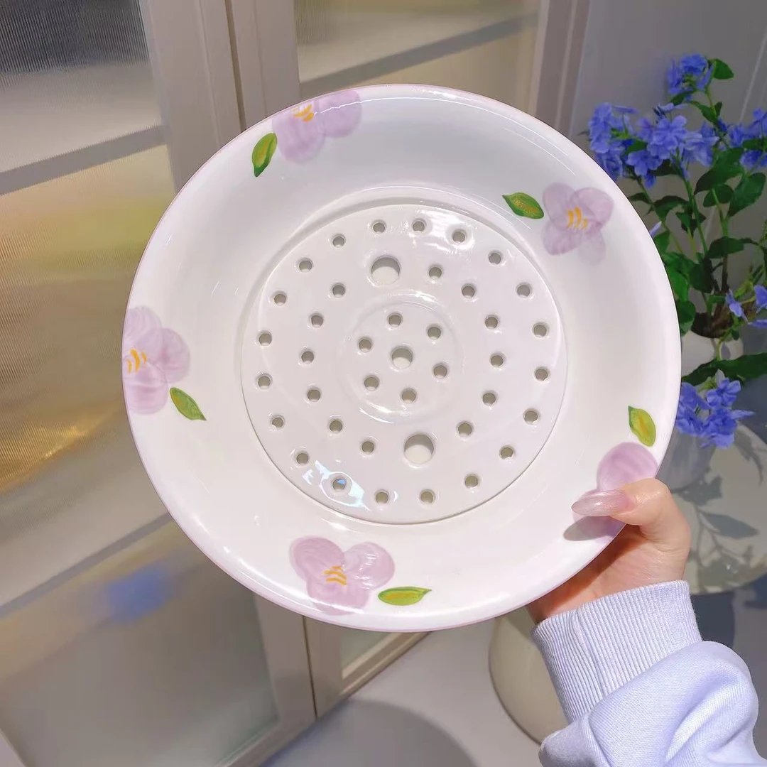 伴花时光陶瓷蒸盘双层捞饺子沥水盘餐盘高级感家用饺子盘水果盘