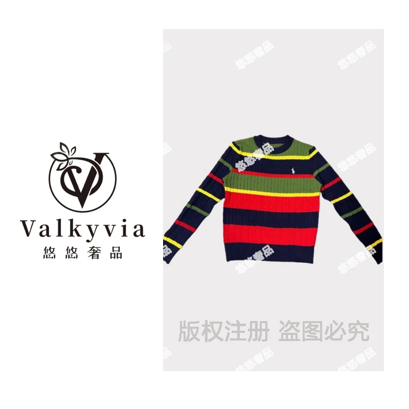【Valkyvia/悠悠奢品】撞色条纹小马刺绣圆领长袖针织套头衫901#