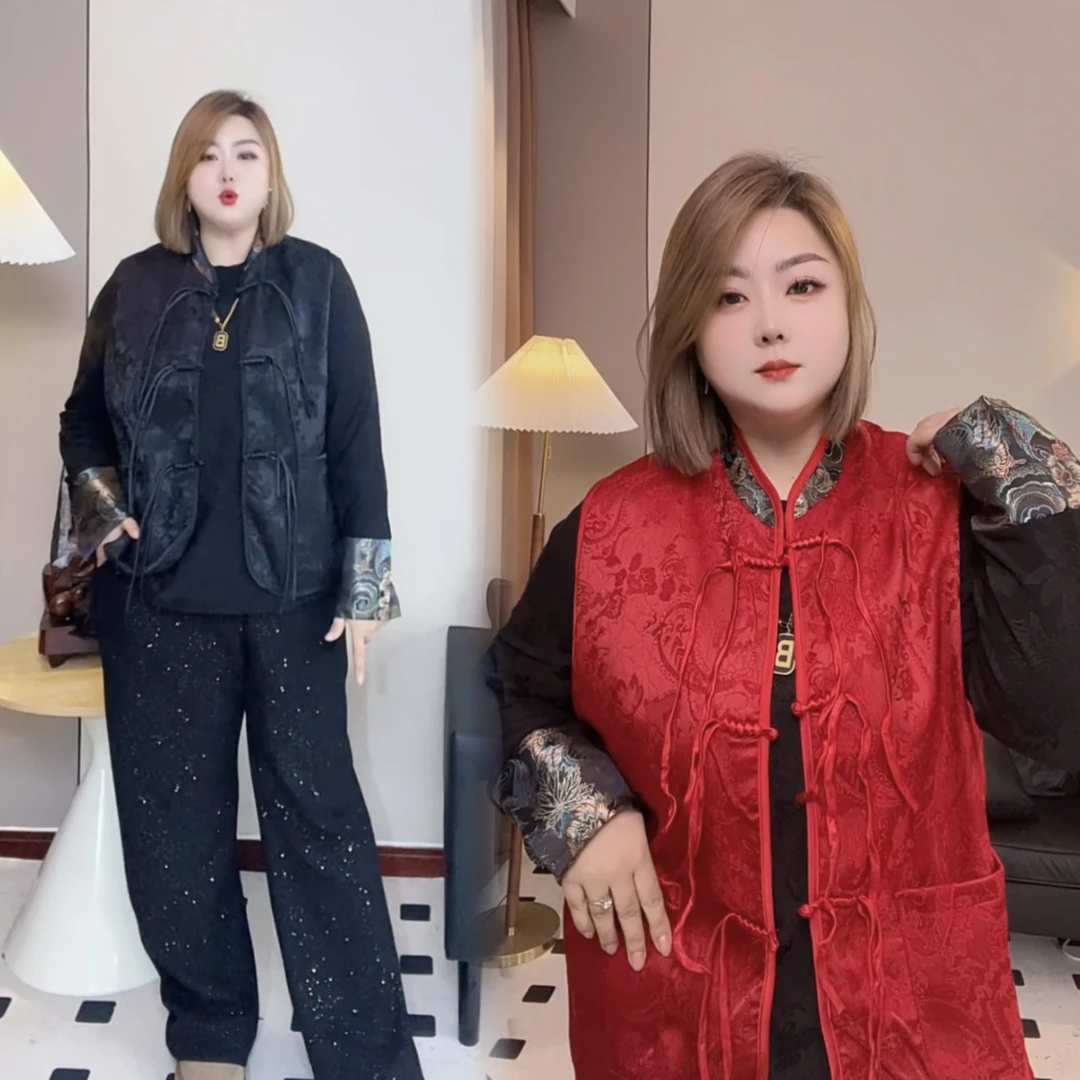 秋冬新款大码女装中国风唐装马甲内搭两件套气质显瘦上衣新年装