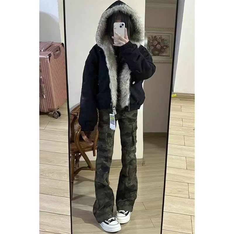 迷彩牛仔裤男款微喇裤直筒修身工装裤美式复古休闲宽松显瘦百搭