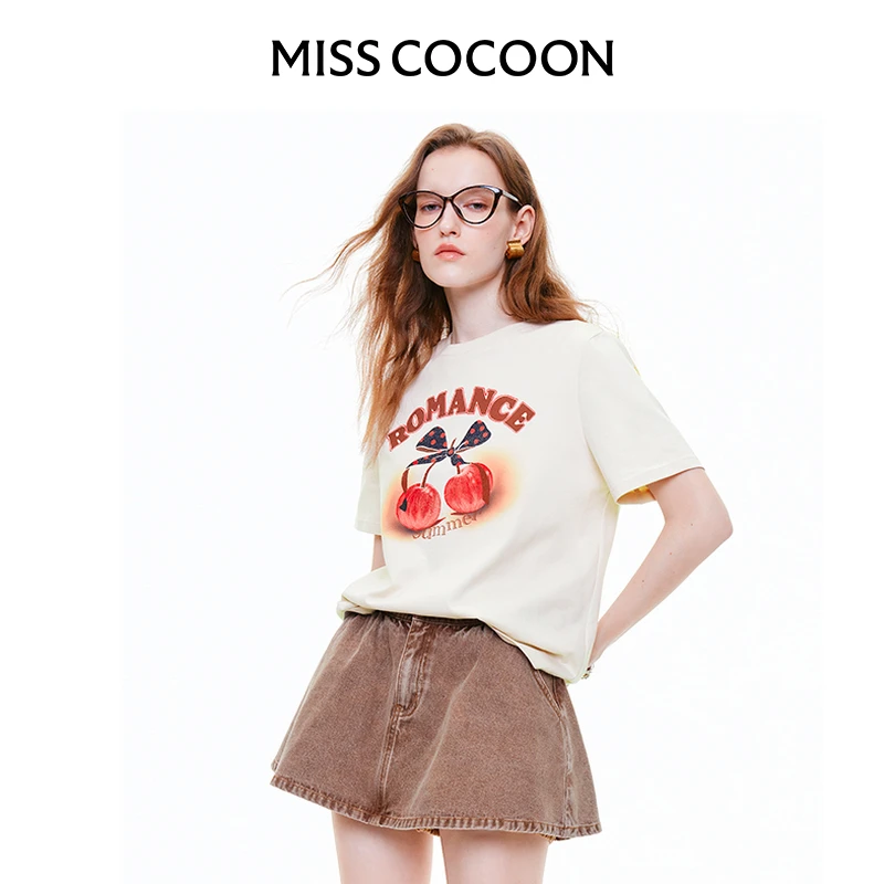 MISSCOCOON可可尼白色棉短袖2025夏季新款烫钻图案圆领内搭T恤