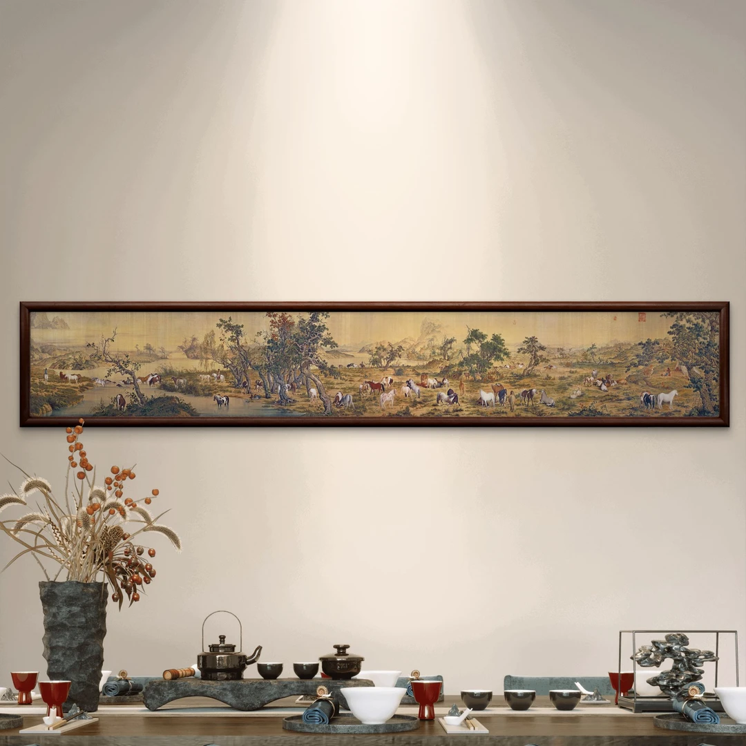 109-40*240百骏图中式装饰画实木框书房茶室客厅沙发墙挂画